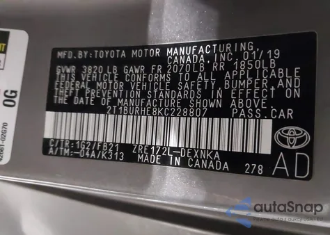 2019 Toyota Corolla Le z USA, uszkodzony, nr VIN 2T1BURHE8KC228807